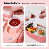 Boîte à lunch portable en acier inoxydable 304 à double compartiment, compatible micro-ondes, motif lapin et ours de dessin animé pour étudiants, pour repas, salades, fruits et sauces