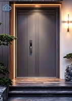 Porte d'entrée moderne antivol en acier courbé, noir et marron contrastés, à panneau unique, pour appartement, villa, maison, hôtel