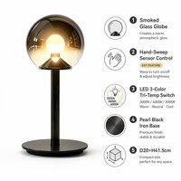 Modern Smoked Glass Globe Table Lamp Hand-Sweep Sensor LED Tri-Color 3000K/4000K/6000K Bedside Bedroom Living Room Desk