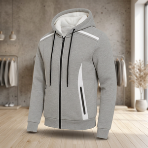 <b>Men's</b> Gray Hooded Zip-Up <b>Sweatshirt</b> Regular Fit Casual Polyester Cotton French Terry Autumn Wear - Product Image 3