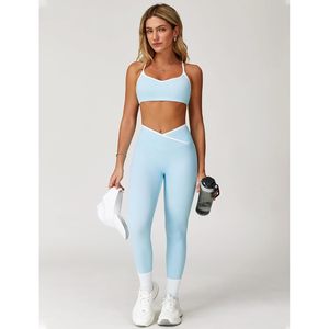 Ensemble de sport pour femme : Soutien-gorge de sport à bretelles spaghetti et dos croisé, Legging taille haute, Tenue de yoga assortie, Bordure contrastante sans couture - Product Image 5