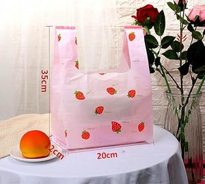 HuamaohengchunStrawberry <b>Plastic</b> Bags, Grocery, Restaurant Convenience Store with Handles - Pink Strawberry Print, 7.8x13.8inch - Product Image 3