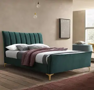 现代风格绿色天鹅绒特大床软垫床织物-皮套皮床