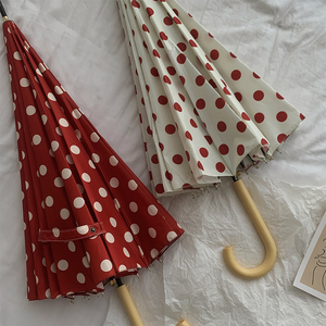 <span class=keywords><strong>Parapluie</strong></span> droit vintage à pois avec poignée en bois en forme de J, personnalisable avec logo OEM, pour femme, cadeau boutique, vente en gros - Product Image 2