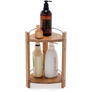 Estante de ducha esquinero de bambú de 2 niveles, organizador independiente para champú y acondicionador, diseño minimalista para baño - Product Image 1