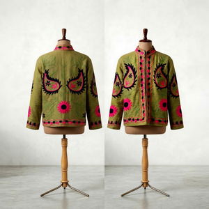 Veste en coton brodée Suzani vert olive pour femme, faite à la main, respirante, en tissu TNT, motif floral rose, style bohème ethnique, vente en gros, mode - Product Image 1