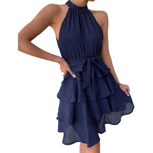 <span class=keywords><strong>Robe</strong></span> Mini Élégante pour Femme à Col Halter et Volants, Sans Manches, Taille Nouée, Coupe Trapèze, Idéale pour Soirées Estivales, Cocktails et Tenues Décontractées - Product Image 1