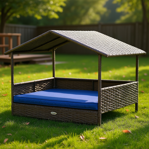 Casa para Perros Ozark de Mimbre, Rectangular Grande, Estilo Moderno, para Todas las Estaciones, Mueble para Mascotas de Interior y Exterior con Cojín Extraíble, Azul - Product Image 2