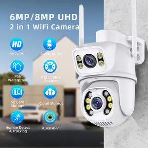 6MP 8MP Outdoor Dual Lens Câmera ip Sem Fio cctv ICsee Wifi dual ball máquina linkage Câmera 4K Dual Lens ptz Network Camera