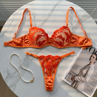 Set Bra dan Thong Wanita dengan Bordir Bunga, Bahan Mesh Transparan, Berkawat, 2 Potong, Set Lingerie Plus Size, Set Bra Seksi, Pakaian Dalam