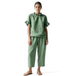 Blus Wanita dengan Kerah dan Lengan Berumbai dalam Warna Solid dengan Potongan Longgar dan Lengan Mengembang Atasan Kemeja Blus Sehe Fashion - Product Image 3