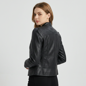 Chaqueta de Motociclista de Cuero PU Negra para Mujer, Cuello Mao, Manga Larga, Cierre de Cremallera, Largo Regular, Ropa de Invierno, Protección UV - Product Image 2