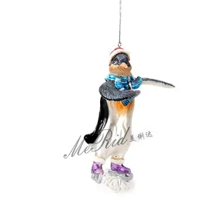 Estatueta de vidro para árvore de natal, pinguim esqui, estatueta de decoração, presente promocional para árvore de natal