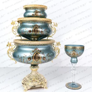 Wholesale Custom Islam Uzbek Skidki Bagima European Crystal Gold Pattern Fruit Bowl Idishlar Chinni Posuda Bohemia Fruit Plate