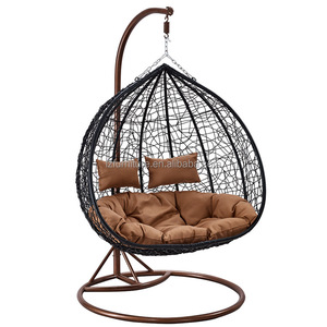 Columpio de patio con soporte, juego de muebles de exterior para niños y adultos, hamaca de jardín, silla colgante de mimbre y ratán con forma de huevo doble. - Product Image 1