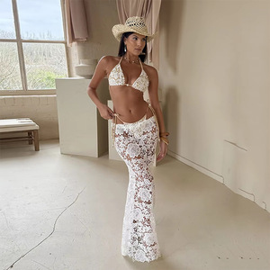 Étiquette personnalisée STOCK blanc Triangle haut en dentelle longue robe de plage Sexy Bikini ensemble pour femmes 3 pièces maillots de bain diamant lettre - Product Image 1