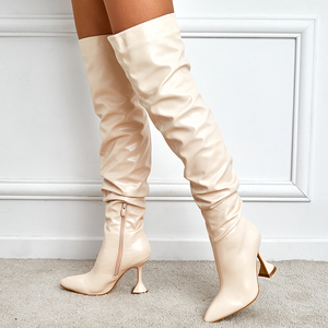 Bottes longues pour femme grande taille, style tube, talon chaton, au-dessus du genou, blanches, cuissardes - Product Image 2
