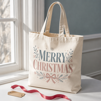 Expédition rapide et personnalisée, Sac double source en coton naturel pour produits de détail, avec support en toile de Noël à motif de brindilles de pin