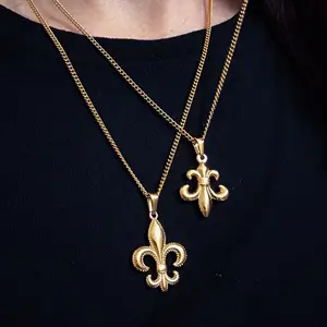 In Stocks PVD Gold Plated Mens Necklace Stainless Steel Fleur De Lis French Lily Flower Pendant Necklace Jewelry For Men