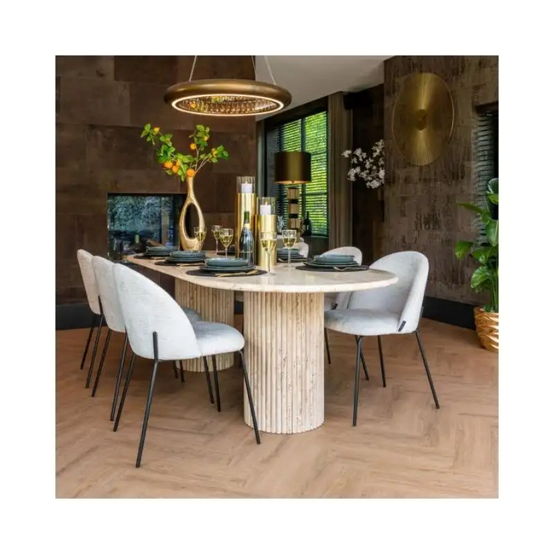 SHIHUI Modern Design Stone Furniture Design Home Decor Beige Natural Stone Oval Table Fluted Base Travertine Marble Dining Table