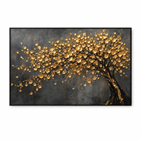 Peinture sur toile texturée 3D Arbre à Argent Feuilles Dorées, Art Mural Botanique Panoramique pour Hôtel, Villa, Salon, Bureau