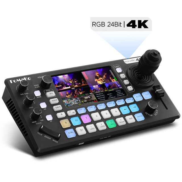 FoMaKo KC800 4K for Multi-Camera Streaming Video Mixer Switcher AI Tracking RGB 24-Bit Color 4D Joystick PTZ 5.5" LCD XLR Audio