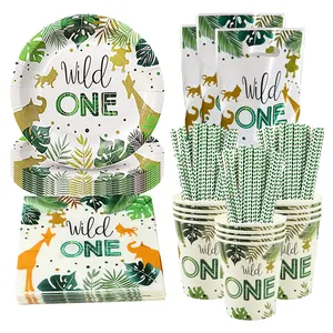 10 Guests Wild One Birthday Safari Party Plate Cups Napkin Baby First Day Decor Jungle 1st Animal Party Supplies Decorations