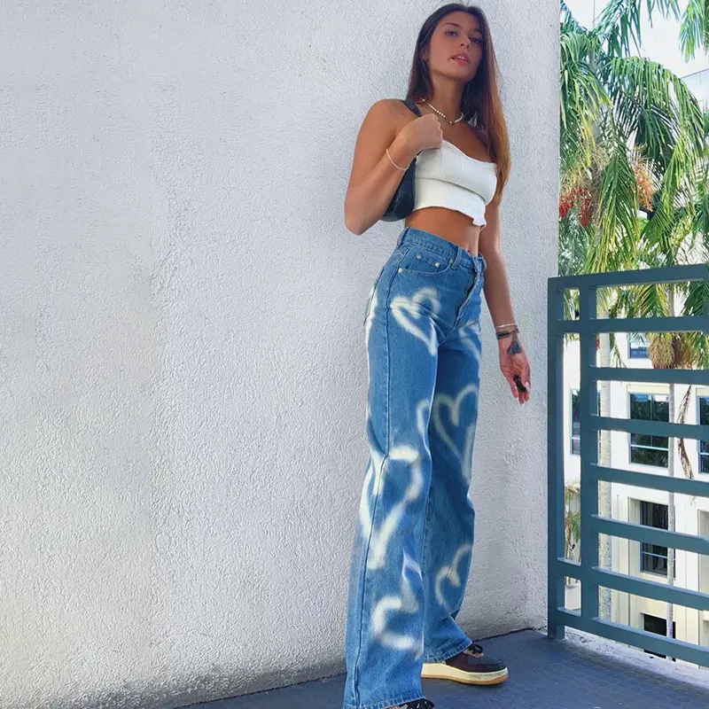 Hohe Taille Lange Gerade Hose Neue Mode Graffiti Print Lose Gerade Bein Frauen Jeans Vintage Hohe Taille Lässige Jeans hose