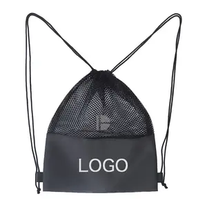 Net Cloth Storage Bag Mesh Fabric Polyester Drawstring Backpack Sport Bag Printed LOGO