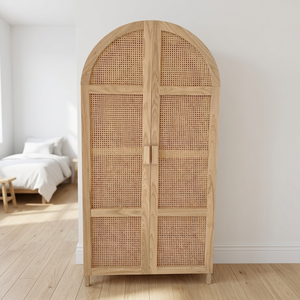 Modern Rattan Arched Wardrobe <b>Cabinet</b> Solid Wood Door Freestanding <b>Bedroom</b> <b>Storage</b> Furniture Scandinavian Design - Product Image 1