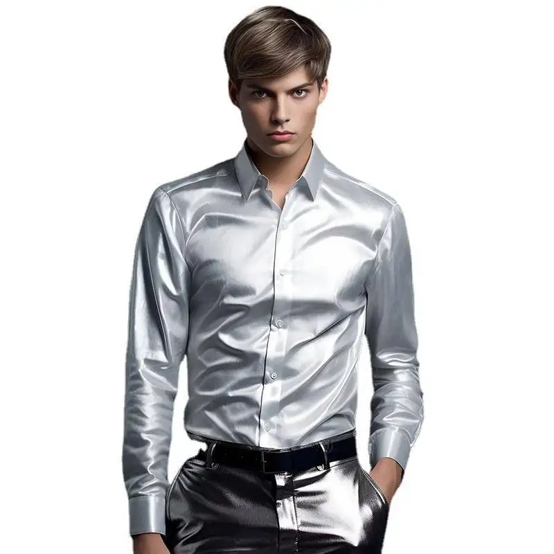 Casual Men's Satin Shirts Slim Fit Long Sleeve Buttoned Lapel Fashion Shirt Nightclub Men Clothing Vintage Solid Color Top