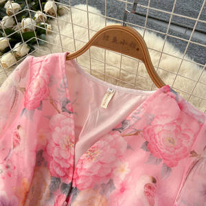 Vestidos de Mujer, Vestido Floral Estilo Francés para Vacaciones, Cuello en V, Manga Larga, Cintura Ajustada, Línea A, Vestido Plisado Elegante, Moderno y Casual para Mujer - Product Image 5