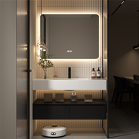 Lavabo mural en céramique monobloc sans peinture, style hôtelier minimaliste et luxueux, en pierre de quartz, pour salle de bain d'appartement