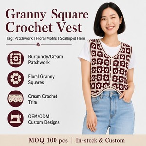 <span class=keywords><strong>Gilet</strong></span> en <span class=keywords><strong>crochet</strong></span> fait main <span class=keywords><strong>Granny</strong></span> Square, patchwork floral, sans manches, col en V, court, pour femme - Product Image 3