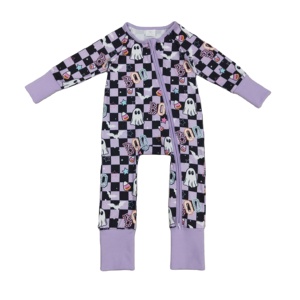 LR2541 Violet noir Plaid personnalisé bébé fille imprimé enfants en gros grenouillère à manches longues combinaison enfant mignon ensemble de couchage - Product Image 1