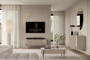 Quality Control Customizable <strong>Wall</strong> Mounted <strong>Floating</strong> TV Cabinet MDF <strong>Floating</strong> Entertainment <strong>Unit</strong> with Black Elements - Product Image 5