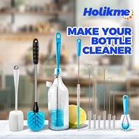 Brosse à bouteille avec long manche en polypropylène et matériau en polyester pour le nettoyage des pailles et des bouteilles d'eau - Blanc