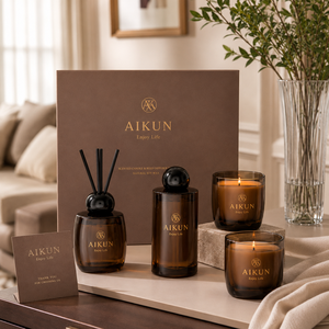 Aikun 100ml Gold Logo Brown Box Custom Scent Long Lasting 3 Day Sample Amber Glass <b>Reed</b> <b>Diffuser</b> Candle Set <b>For</b> Decor Stores - Product Image 1