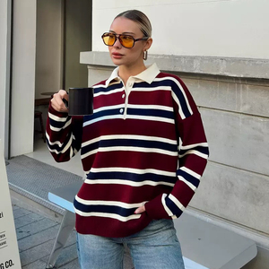 T-shirt <span class=keywords><strong>Polo</strong></span> da <span class=keywords><strong>donna</strong></span> con Logo personalizzato in cotone poliestere misto a righe tre toni camicie con colletto a maniche lunghe retrò - Product Image 1