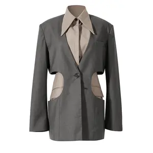 2024 Women's Casual Suit Jacket New Niche Fashion with Layered Splicing Design and Side Waist Hollow out Cut Two Pieces
