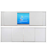 Tableau blanc coulissant interactif avec écran numérique intégré dans un meuble plat