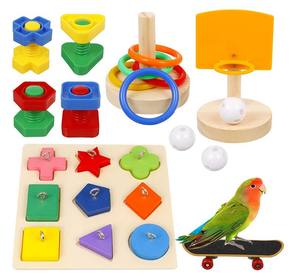 5 Juegos de Juguetes Duraderos para Pájaros, Marco de Baloncesto, Bloques de Madera de Nueve Colores, Juguete de Skateboard para Entrenamiento Interactivo de Aves - Product Image 1