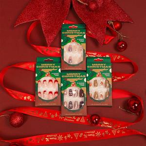 Dropshipping, 12 Uds./set, Uñas Postizas Acrílicas con Diseño de Rayas de Caramelo Navideñas y Copos de Nieve, Color Rojo Francés Sólido, Forma Almendrada - Product Image 6