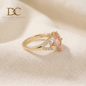 Anillo Étnico de Oro Amarillo Sólido de 14 Quilates con Diamante Cultivado en Laboratorio y Zafiro Padparadscha Cultivado en Laboratorio, Joyería Fina Certificada por IGI para Mujer - Product Image 4