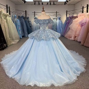 8507 <b>Blue</b> Sparkle Tulle Quinceanera Dress Strapless Sequin Bodice Organza for Party - Product Image 1