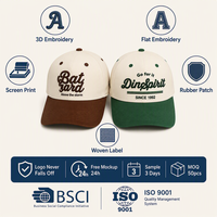 Casquette de baseball vintage bicolore en coton à six panneaux avec broderie de lettres, ajustable 56-62cm, logo personnalisé, vente en gros OEM, faible MOQ