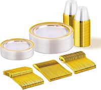 Ensemble de vaisselle jetable en plastique transparent avec bord doré, 150 pièces, assiettes à dîner, assiettes à dessert, fourchettes, couteaux, gobelets - Sans BPA, conforme à la FDA, pour la rentrée scolaire