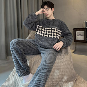 طقم بيجامة للرجال من SAMWESTART من الفانيلا ، طقم بيجامة للخريف والشتاء كاجوال بسيط وسميك ودافئ وأكمام طويلة ورقبة مستديرة ، بدلة منزلية من قطعتين - Product Image 4