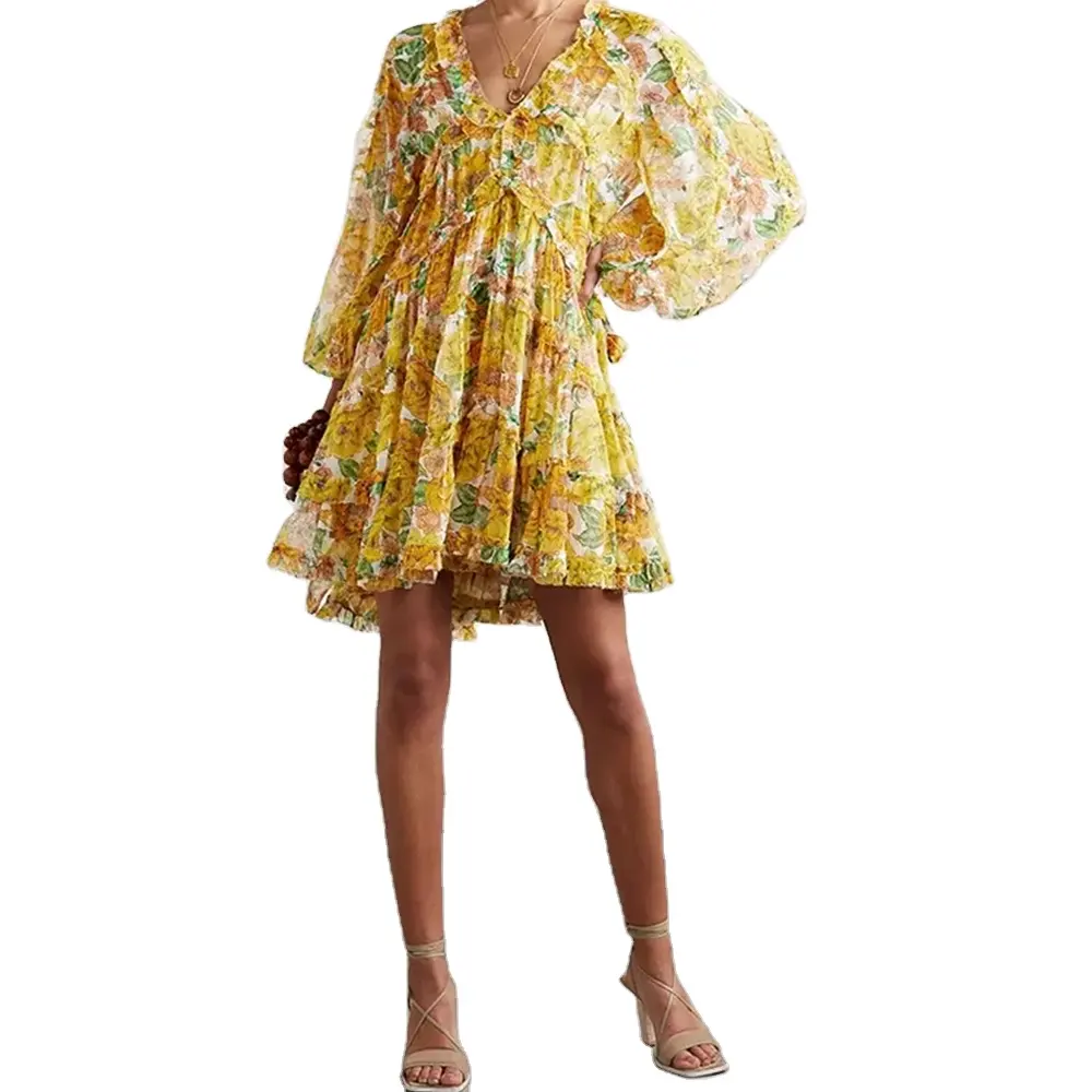 Hot Sale Long Sleeve Floral Ruffle Dress Chiffon V-neck Floral Dress Women Vintage Dresses Women