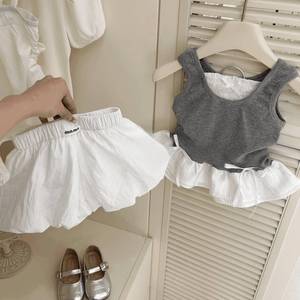 Girls Two Piece Set Gray Vest White Tulip Shorts Cotton Summer Outfit For Kids - Product Image 3
